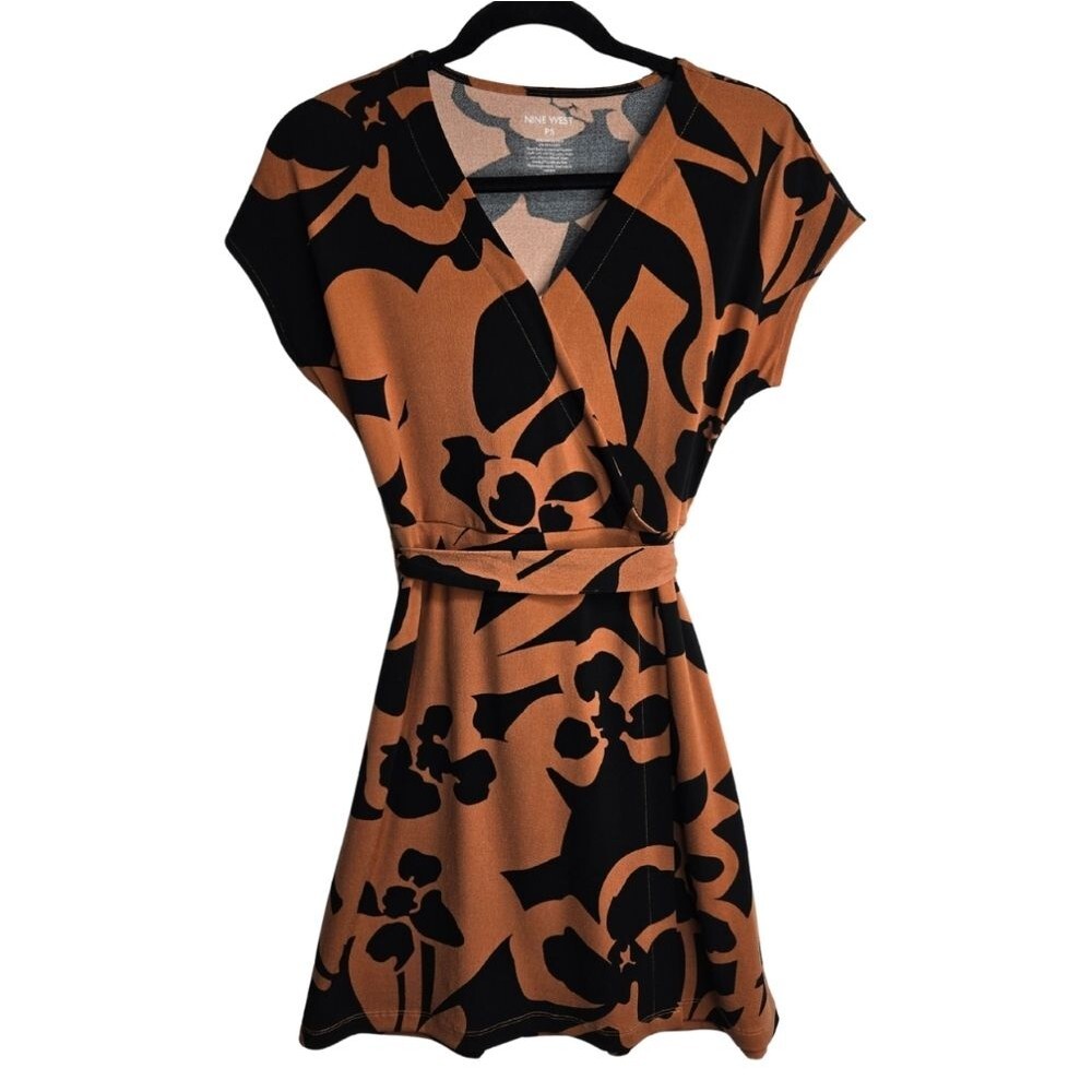 Nine West Faux Wrap Floral Tie Waist Dress Brown Black Petite Small Career Wear